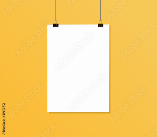 White poster mock up hanging on rope with paper clips near yellow wall. Blank Canvas Mockup design template. Vector illustration. EPS 10