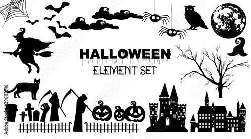 Set of black halloween elements. Grim Reaper, castle, moon, spiders, owl and web. Holiday vectors