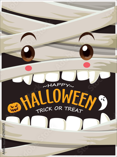 Vintage Halloween poster design with vector mummy, ghost character. 