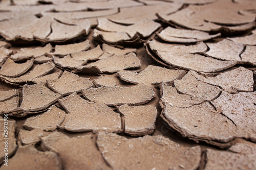 side view of natural background with sand texture covered with cracks and exfoliated parts from the drought
