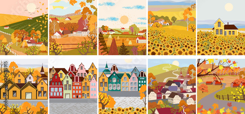 Pack of cartoon flat village with sunflower, old town buildings