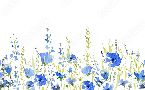 Seamless border with rustic gentle blue flowers. Botanical background design for textile, wallpaper, print. Isolated on white background. Watercolor illustration