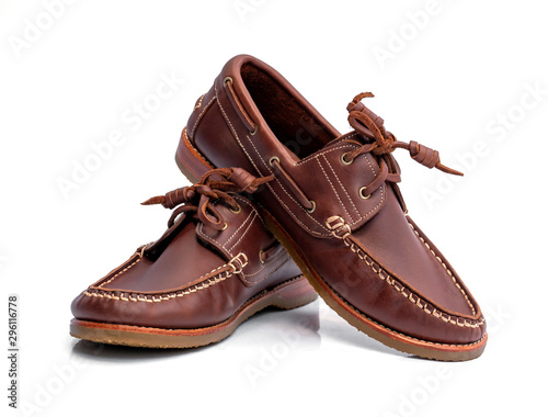 Boat shoes isolated on white background. Fashion advertising shoes photos.