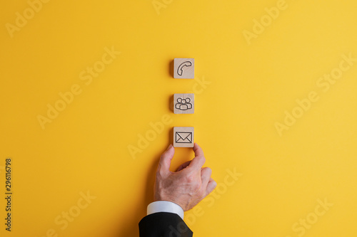 Placing three wooden blocks with contact and communication icons on them on a bright yellow background