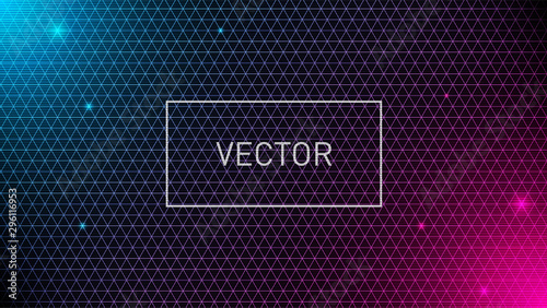 Triagnle grid background with pink and blue glows. VHS effect. Design for banner. Eps 10