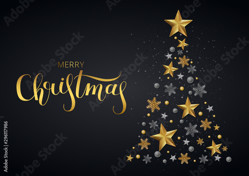 Greeting card, invitation with happy New year 2020 and Christmas. Lettering "Merry Christmas". Metallic gold stars, fir-tree, shimmeringon a black background. Vector Illustration
