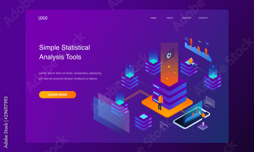 Website 3d Isometric Landing page of People interacting with charts and analyzing statistics. Data visualization concept illustration