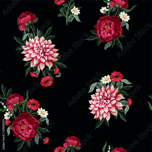 Fotografia Seamless pattern with dahlia, peonies and wild flowers. Vector.