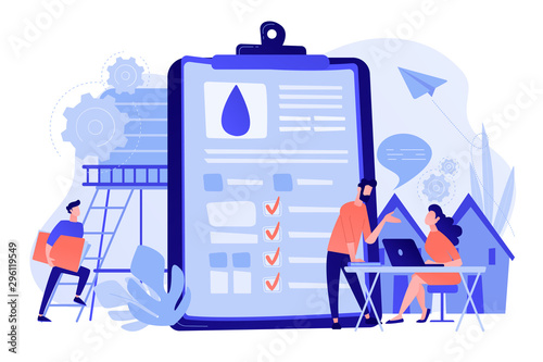 People near huge paper tablet with report of water flow and checkboxes analyzing data. Water management, ecology, IoT and smart city concept. Vector illustration on white background.
