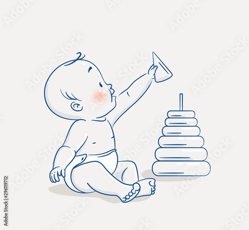 Cute little baby sitting on floor and playing with pyramid toy. Vector illustration