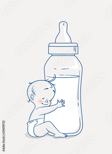 Cute baby boy hugging huge bottle of milk. Cartoon vector illustration