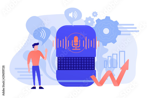 Voice controlled smart speaker and user talking. Smart home office main controlling hub, IoT technology and voice controlled digital devices concept. Vector isolated illustration.