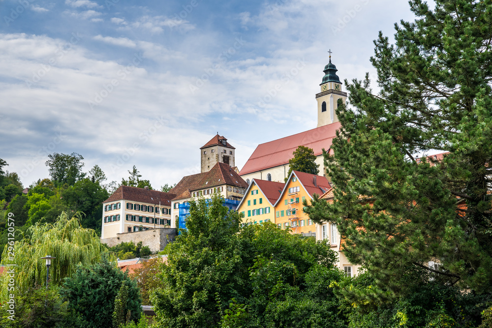 Germany, Old town houses of black forest village horb am neckar surrounded by green trees on sunny day