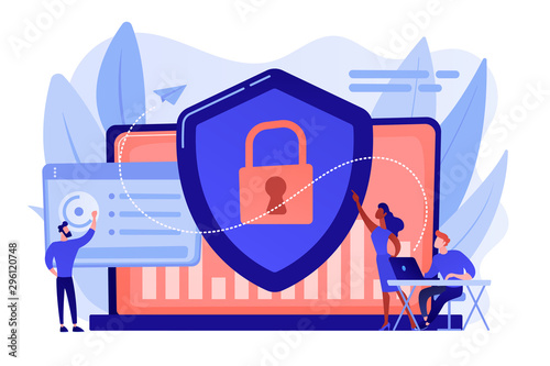 Security analysts protect internet-connected systems with shield. Cyber security, data protection, cyberattacks concept on white background. Pinkish coral bluevector isolated illustration