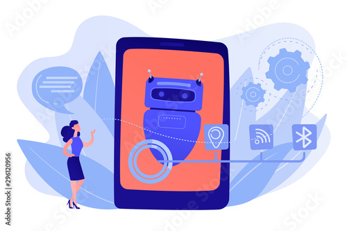 Business woman chatting with messages to chatbot application. Chatbot virtual assistant, smartphone assistant app, message chatbot concept. Pinkish coral bluevector isolated illustration
