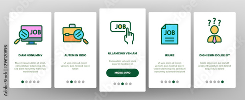 Job Hunting Onboarding Mobile App Page Screen Vector Thin Line. Magnifier With Suitcase And Computer, Web Site And Businessman Job Hunting Concept Linear Pictograms. Illustrations