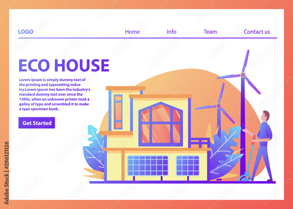 Landing page template.Green energy eco friendly suburban american house.Solar panel, wind power turbine.Family home facade.Flat vector.Web page.Website template.Young man includes  character cartoon.