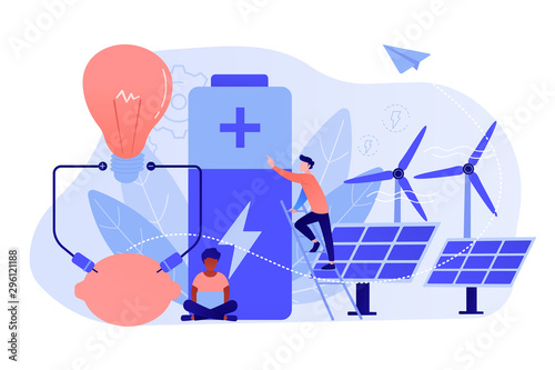 Scientists with lemon charging, solar pannels, wind turbines. Innovative battery technology, new battery creation, battery science project concept. Pinkish coral bluevector isolated illustration