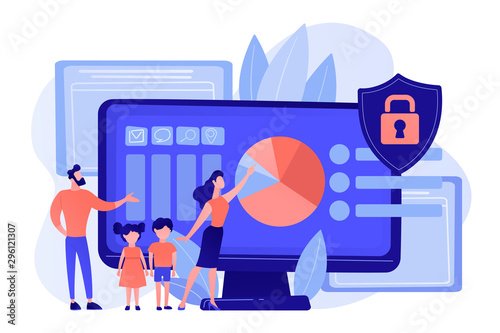 Parents with children using content control software. Parental control software, restricted access for children, media content limitations concept. Pinkish coral bluevector isolated illustration