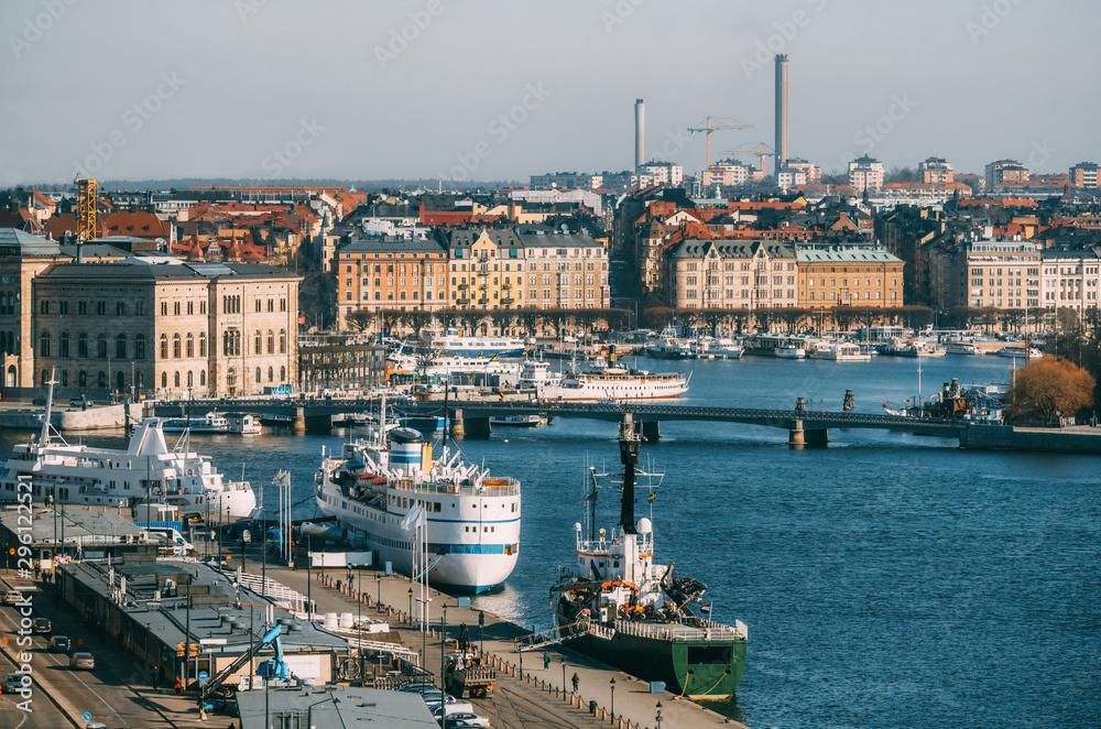 Aerial view of Strommen of Saltsjon bay with nautical vessels and old buildings from Katarina elevator, Stockholm, Sweden