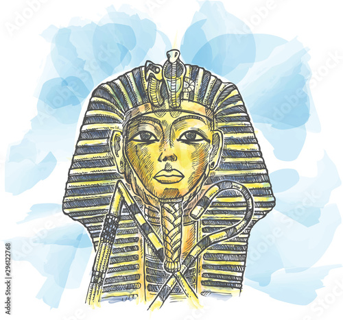 Golden mask of Egyptian pharaoh hand drawn Watercolor