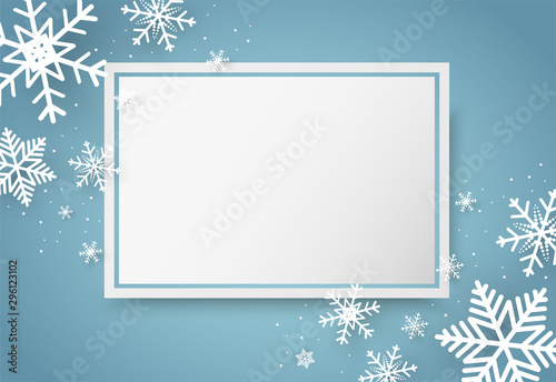 Christmas and happy new year blue vector background with snowflake, celebration concept, paper art design