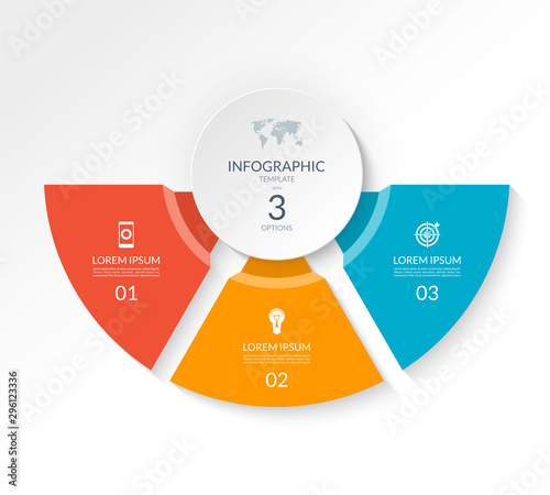 Infographic semicircle template with 3 options. Can be used as a chart, workflow layout, diagram, data visualization, minimalistic web banner.