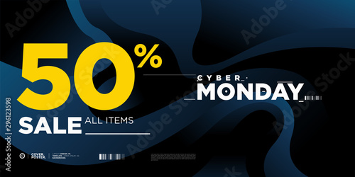 Cyber monday sale 50% banner on modern blue background. Cyber Monday promotion poster, flyer, banner, website, story, and social media template.