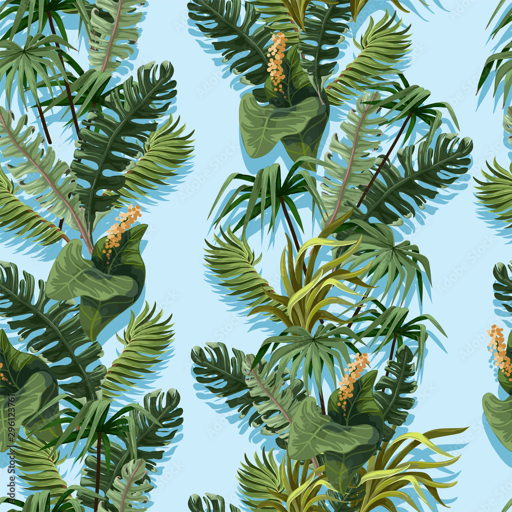 Fototapeta premium Seamless pattern with jungle trees and flowers. Vector.