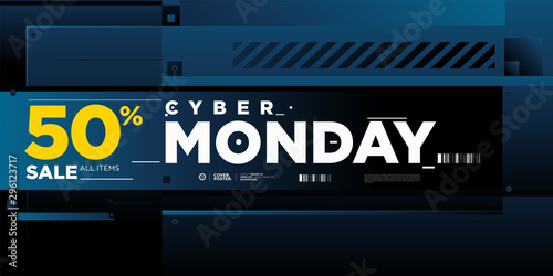 Cyber monday sale 50% banner on modern blue background. Cyber Monday promotion poster, flyer, banner, website, story, and social media template.