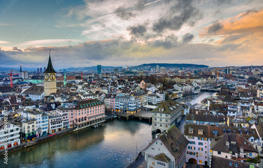 Aerial view of old town in Zurich, Switzerland.