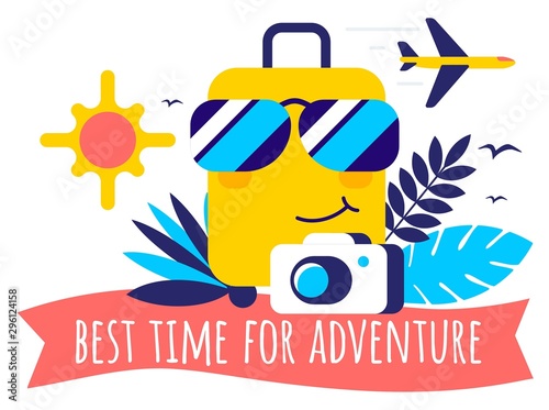 Vector tropical summer travel illustration with character suitca