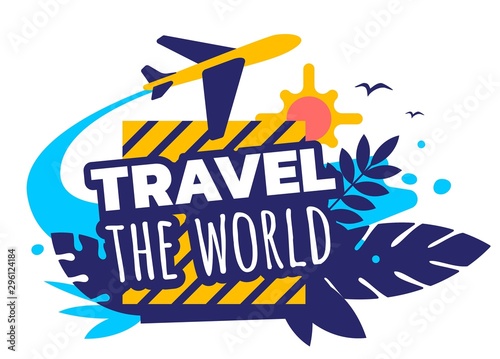 Vector creative travel illustration with flying air plane, sun a