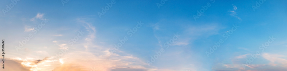 Fototapeta premium Panorama of Dramatic vibrant color with beautiful cloud of sunrise and sunset. Panoramic image.