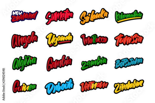 Set of cartoon country names lettering text. Vector illustrations for print and advertising