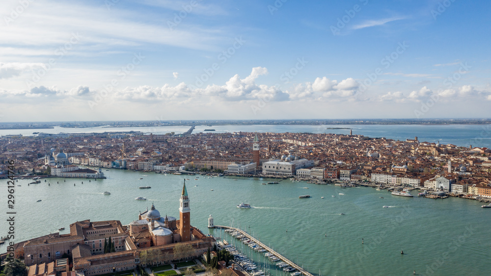 view over the skyline of Venice Italy. above Venice in Italy Europe. beautiful city Venice landscape aerial view. aerial drone shot over Venice