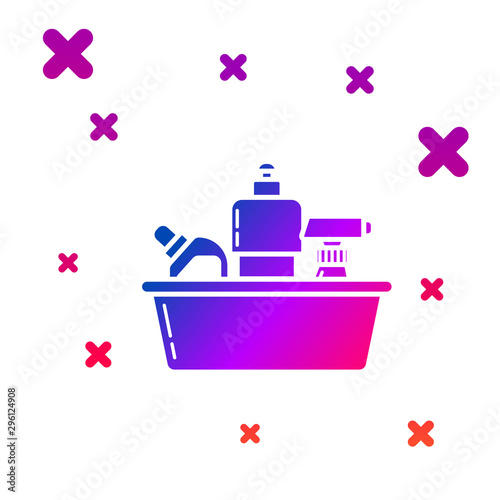 Color Plastic bottles for liquid laundry detergent, bleach, dishwashing liquid or another cleaning agent icon isolated on white background. Gradient random dynamic shapes. Vector Illustration