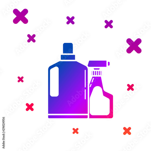 Color Plastic bottles for liquid laundry detergent, bleach, dishwashing liquid or another cleaning agent icon isolated on white background. Gradient random dynamic shapes. Vector Illustration