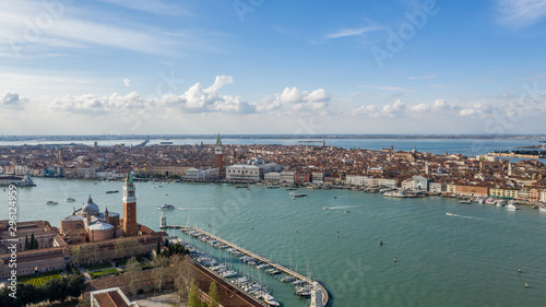 view over the skyline of Venice Italy. above Venice in Italy Europe. beautiful city Venice landscape aerial view. aerial drone shot over Venice
