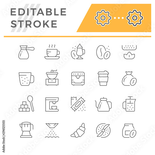 Set editable stroke line icons of coffee