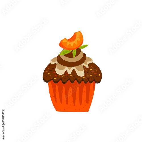 Cupcake flat vector illustration. Tasty muffin decorated with chocolate icing and pumpkin. Isolated on white. Delicious pastry, traditional autumn biscuit. Baked dessert, cake design element.