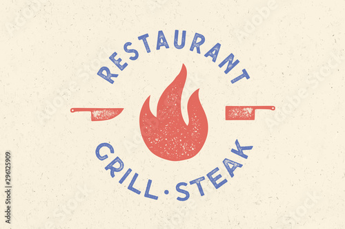 Meat logo. Logo for grill house restaurant with icon fire, knife