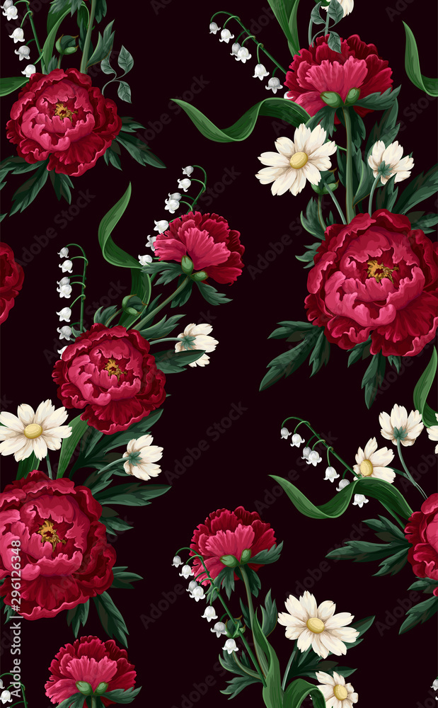 Seamless pattern with burgundy peonies. Vector.