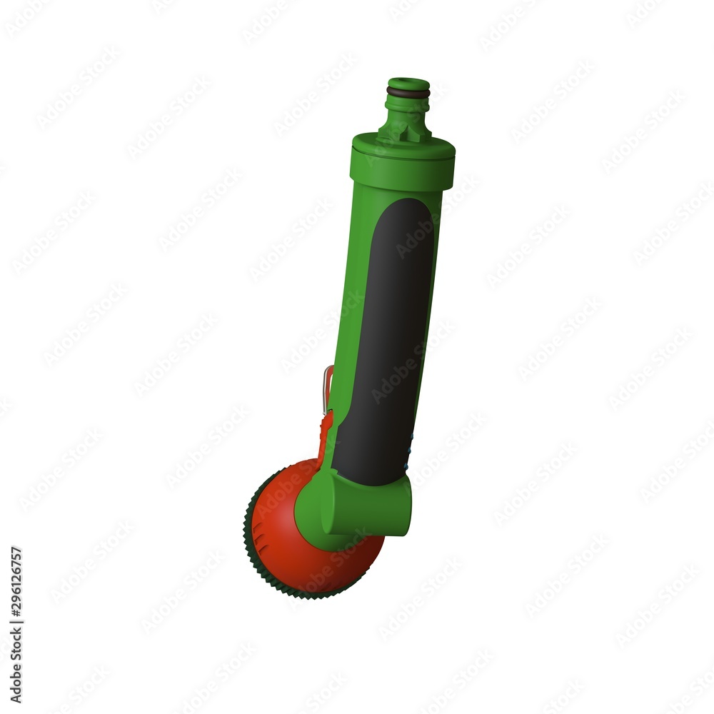 Nozzle on a hose for watering. Hose nozzle spraying water isolated on white background. 3D rendering of excellent quality in high resolution. It can be enlarged and used as a background or texture. Nozzle on a hose for watering. Hose nozzle spraying water isolated on white background. 3D rendering of excellent quality in high resolution. It can be enlarged and used as a background or texture.