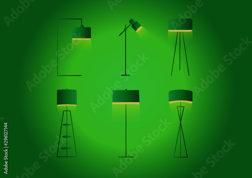lampshade frame types with lamp light bulbs on a green gradient background