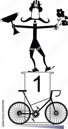 Cyclist, podium of the winner and bike illustration. Funny long mustache cyclist stands on the podium and holds a winner cup and flowers black on white illustration