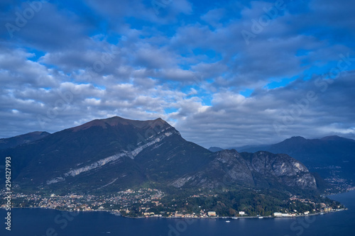 Panoramic view of Lake Como, the city of Tremezzina. Aerial view. Autumn season