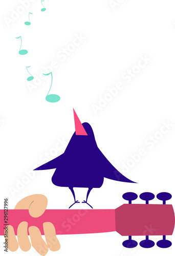 Guitar fingerboard, hand and singing bird illustration. Bird stays on the guitar fingerboard with hand and sings isolated on white