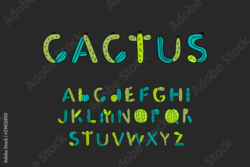 Cactus hand drawn vector type fon in cartoon comic style green colors