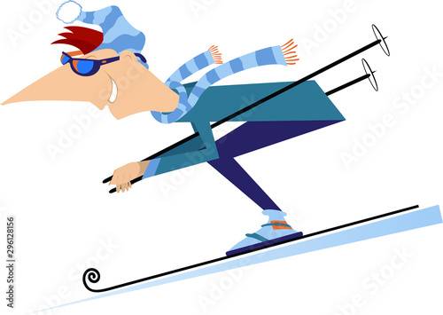 Cartoon skier man illustration. Man downhill skier isolated on white